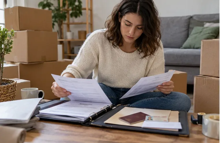 Une personne assise au milieu de cartons consulte des papiers de déménagement rangés dans un classeur.