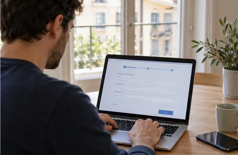 Un homme utilise un ordinateur portable sur une table pour compléter un formulaire administratif générique.