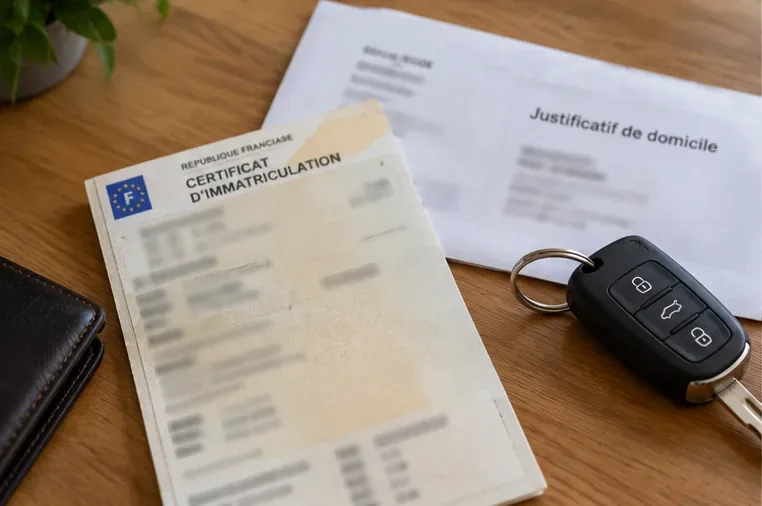 Un certificat d’immatriculation français, un justificatif de domicile et des clés de voiture posés sur une table
