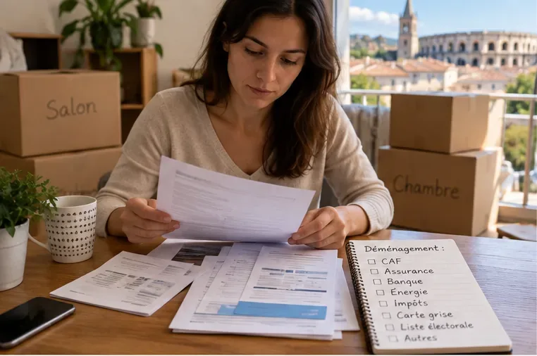 Une personne à Nîmes trie des documents de déménagement devant des cartons avec une liste de démarches comprenant CAF, assurance, banque, énergie, impôts, carte grise et liste électorale