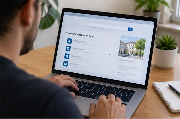 Une personne remplit des démarches administratives sur un ordinateur portable depuis son logement, avec une interface générique de services en ligne