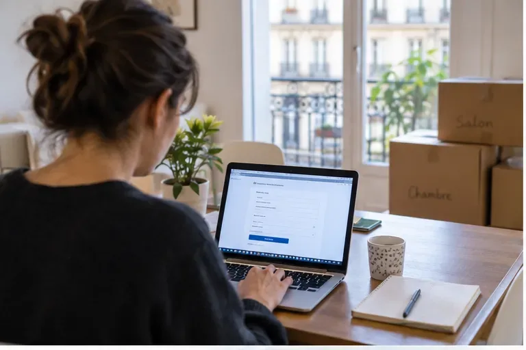 Personne effectuant une démarche de changement d’adresse sur un ordinateur portable, avec des cartons de déménagement dans un appartement parisien