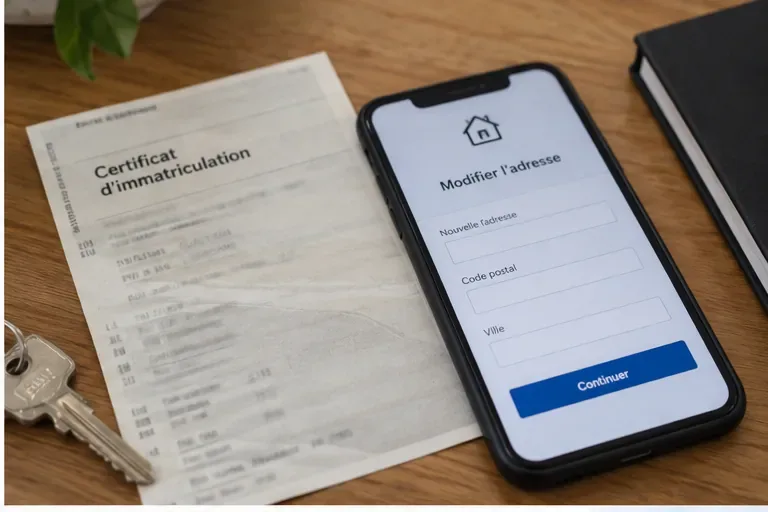 Certificat d’immatriculation posé à côté d’un téléphone affichant un formulaire de modification d’adresse
