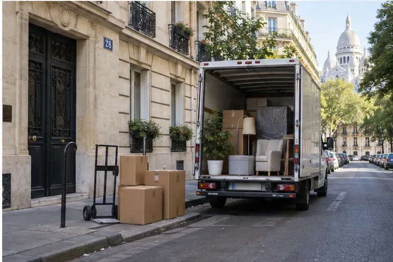 Camion de déménagement ouvert devant un immeuble parisien, avec des cartons et du mobilier sur le trottoir