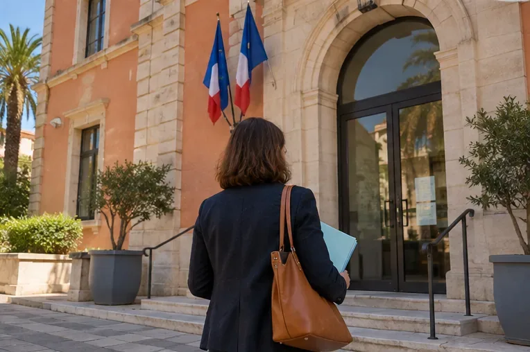 Une femme tenant un dossier se dirige vers l’entrée d’un bâtiment public de style méditerranéen où flottent des drapeaux français et européen.