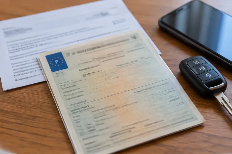 Un certificat d’immatriculation, une clé de voiture et un smartphone sont posés sur une table en bois.