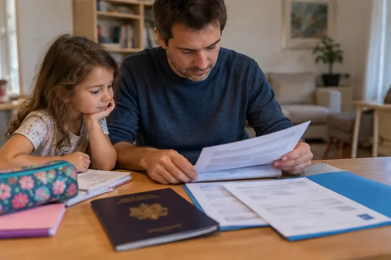 Un père examine des formulaires à une table avec sa fille, à côté d’un dossier scolaire et de documents administratifs.