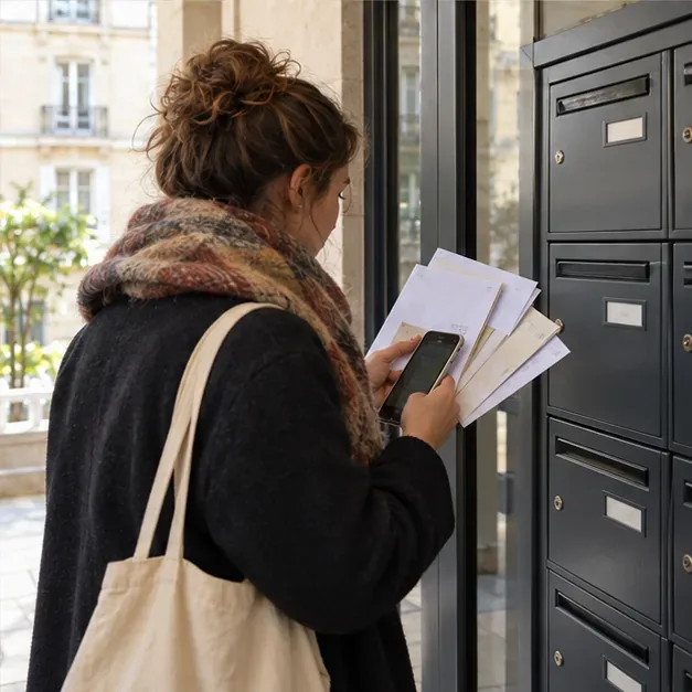 Une personne consulte son téléphone devant des boîtes aux lettres dans le hall d’un immeuble, avec plusieurs enveloppes à la main.