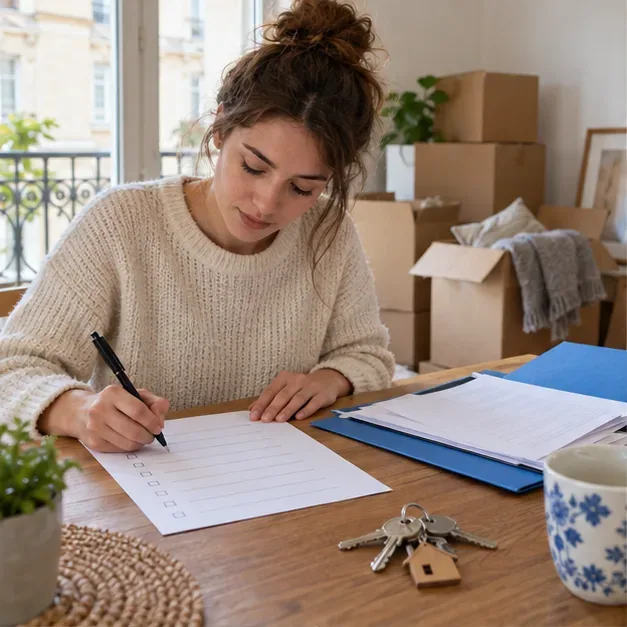 Une personne écrit une liste de démarches à côté d’un dossier, de clés et de cartons dans un appartement.