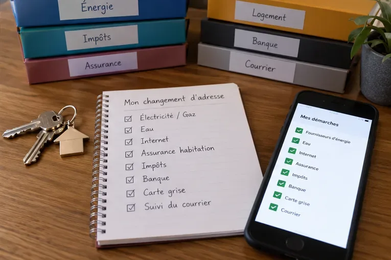 Carnet de checklist de changement d’adresse entouré de dossiers énergie, impôts, assurance, logement, banque et courrier, avec des clés et un téléphone