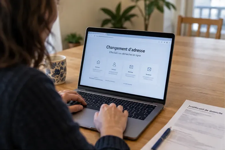 Personne assise à une table devant un ordinateur affichant une page de changement d’adresse, avec des documents de domicile à côté
