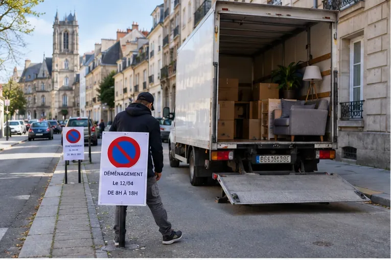 Camion de déménagement stationné dans une rue urbaine avec panneaux temporaires d’interdiction de stationner