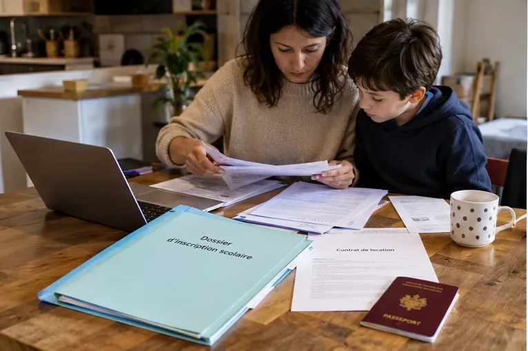 Parent et enfant examinant un dossier d’inscription scolaire, un contrat de location et des pièces administratives sur une table