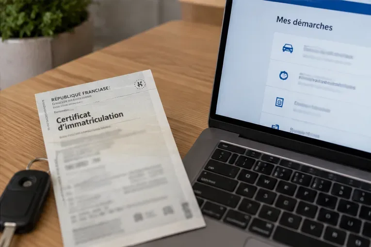 Certificat d’immatriculation posé près d’un ordinateur portable et de clés de voiture