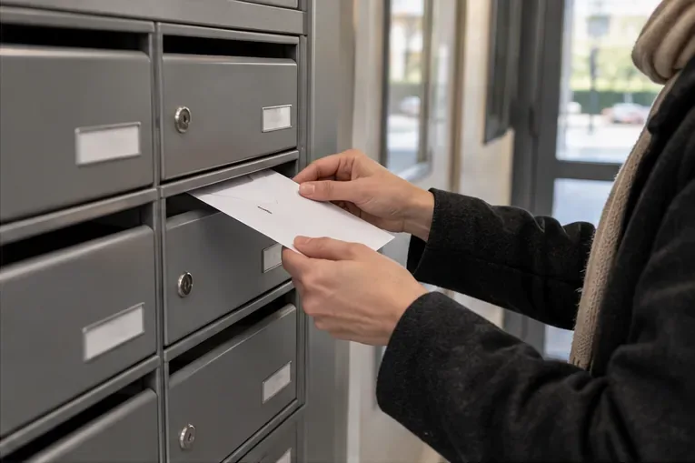 Personne récupérant une enveloppe dans une rangée de boîtes aux lettres d’immeuble