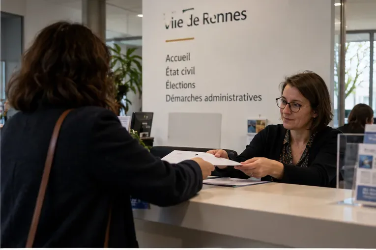 Usagère remettant un dossier à un guichet municipal portant les mentions accueil, état civil et élections
