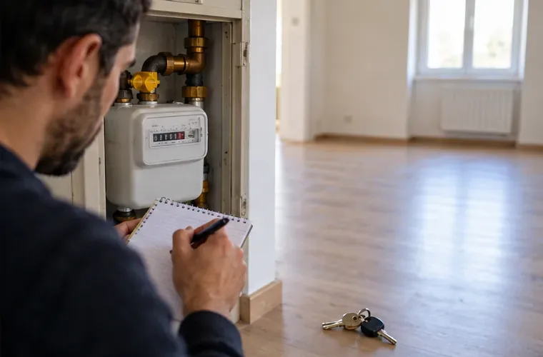 Un homme note le relevé d’un compteur fixé au mur dans un logement presque vide, avec ses clés posées au sol.