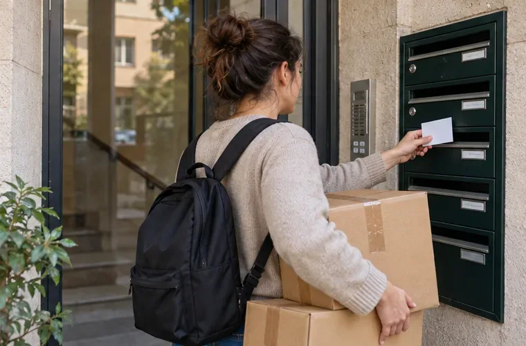 Une femme portant un carton glisse une carte blanche dans une boîte aux lettres d’un immeuble.