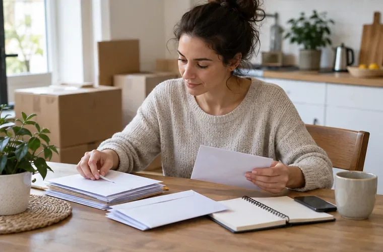 Une femme assise à une table trie des enveloppes et des feuilles vierges près de cartons de déménagement.