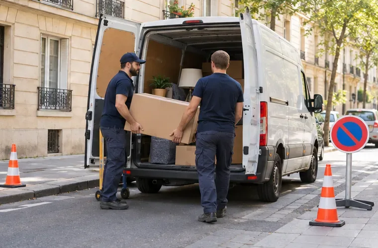 Deux déménageurs chargent un carton dans un utilitaire stationné le long d’une rue bordée d’immeubles.