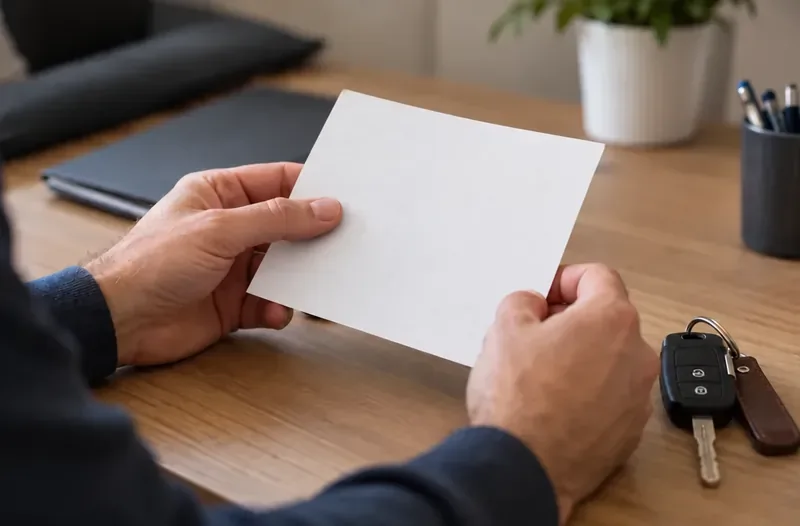 Deux mains tiennent une feuille blanche vierge à côté de clés de voiture sur un bureau.
