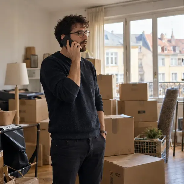 Personne téléphonant à un fournisseur au milieu de cartons après un déménagement
