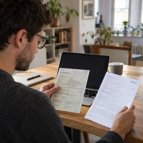 Personne vérifiant un certificat d’immatriculation et un justificatif de domicile près d’un ordinateur