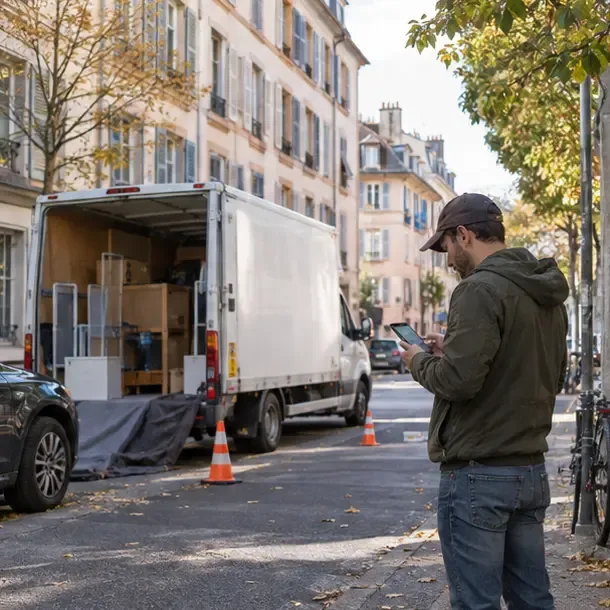 Personne consultant son téléphone près d’un camion de déménagement stationné dans une rue résidentielle
