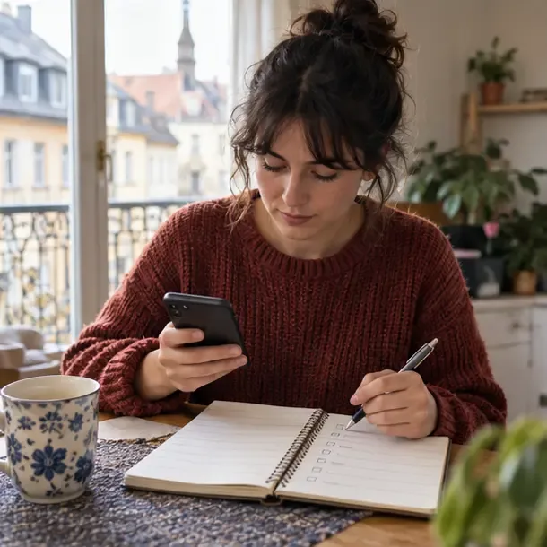 Personne consultant une liste de démarches sur un téléphone et un carnet
