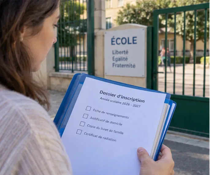 Parent tenant un dossier d’inscription devant une école publique