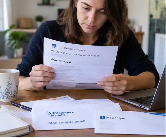 Personne consultant un avis d’impôt avec des documents de banque et d’Assurance Maladie sur une table