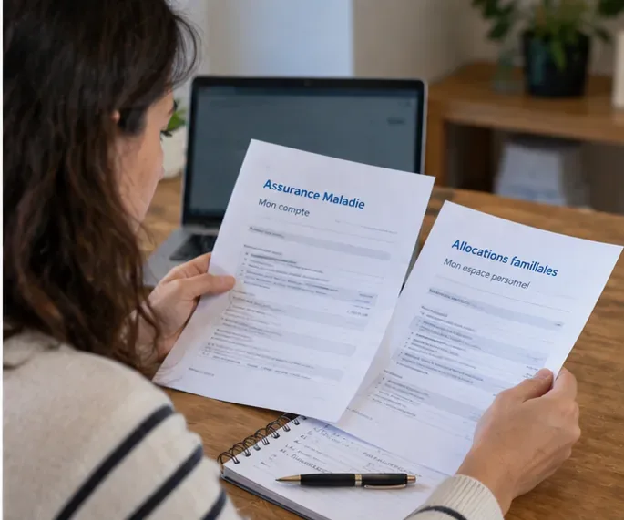 Documents relatifs à l’Assurance Maladie et aux allocations familiales posés devant un ordinateur