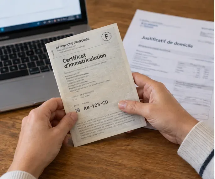 Certificat d’immatriculation français tenu devant un justificatif de domicile