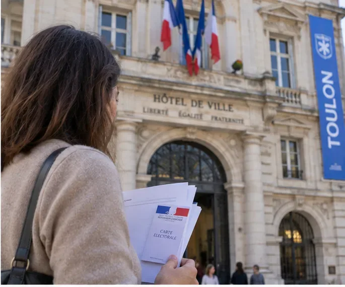 Habitante devant l’Hôtel de Ville de Toulon avec des documents électoraux