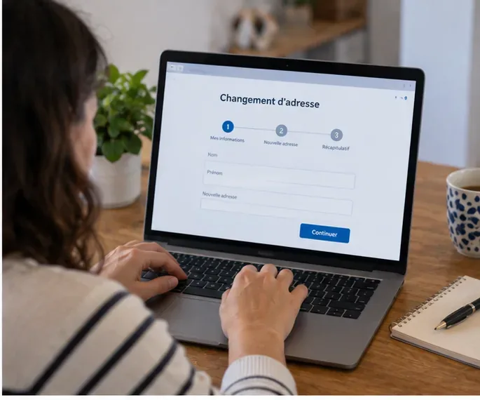 Personne remplissant sur un ordinateur un formulaire en ligne de changement d’adresse