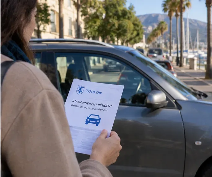 Résidente de Toulon tenant une demande de stationnement résident à côté d’une voiture