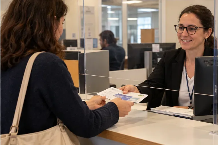 Une personne remet des documents à un guichet de service public