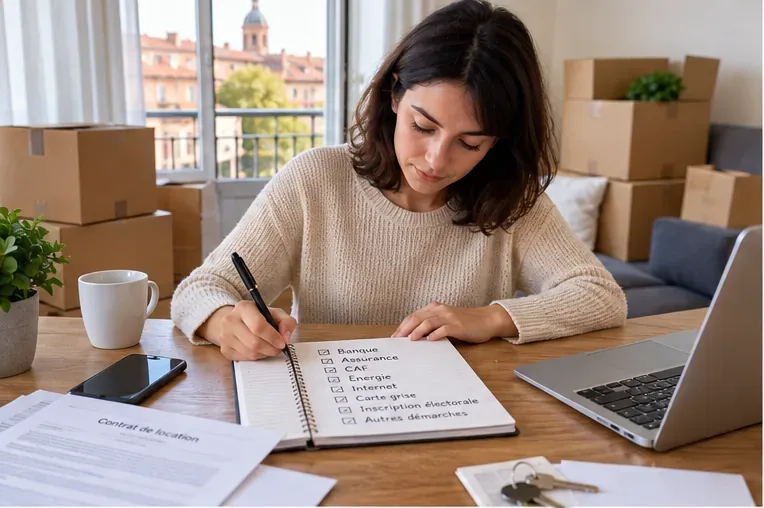 Une personne prépare une liste de démarches de déménagement à côté de cartons et d'un ordinateur portable