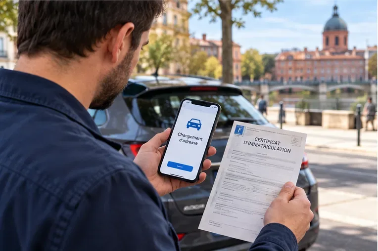 Un automobiliste consulte une démarche de changement d'adresse près de sa voiture avec son certificat d'immatriculation