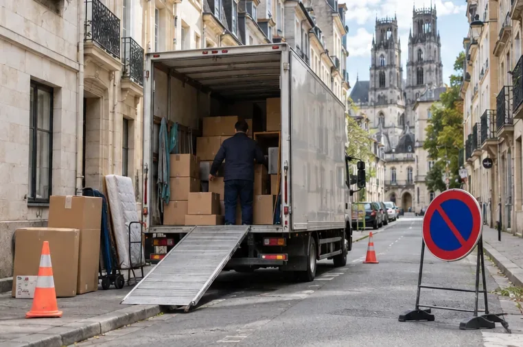 Camion de déménagement stationné dans une rue urbaine avec des cartons et une signalisation temporaire