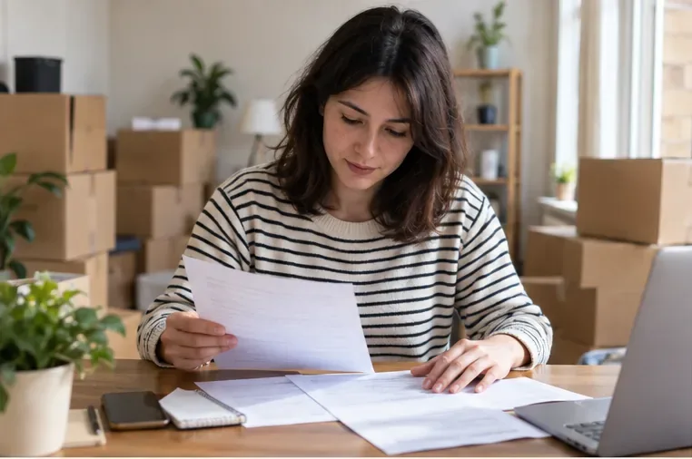 Personne préparant ses documents de déménagement au milieu de cartons dans son logement