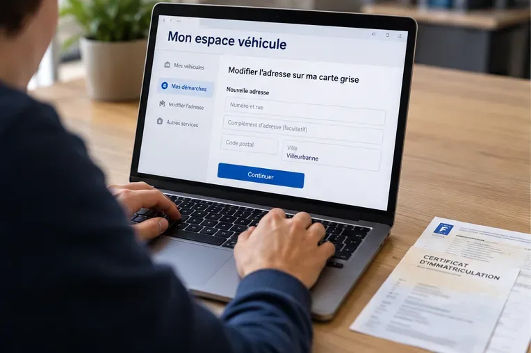 Ordinateur affichant une démarche de modification d’adresse pour un véhicule, avec un certificat d’immatriculation posé à côté