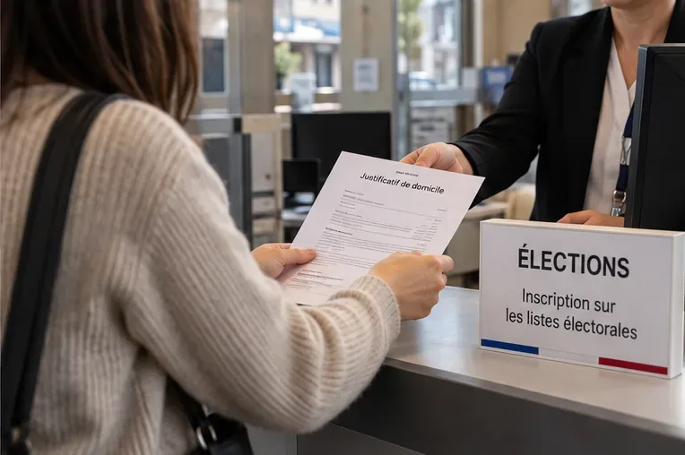 Habitante remettant un justificatif de domicile à un guichet d’inscription sur les listes électorales