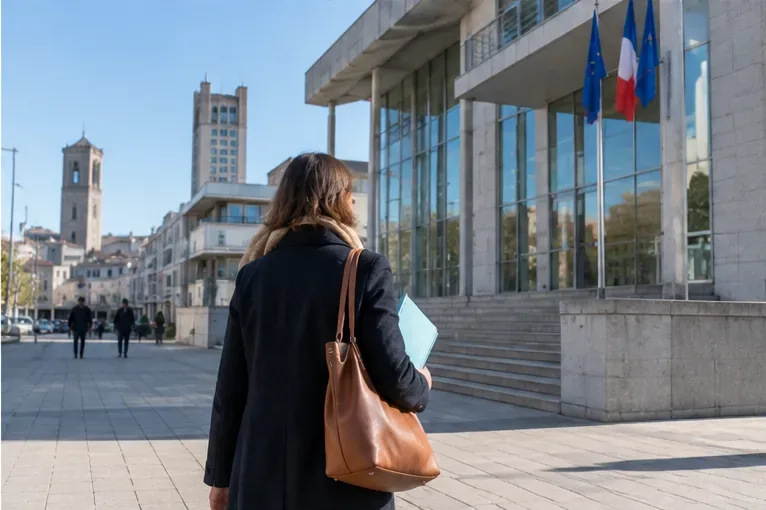 Une personne portant un dossier se dirige vers un bâtiment administratif moderne arborant les drapeaux français et européen