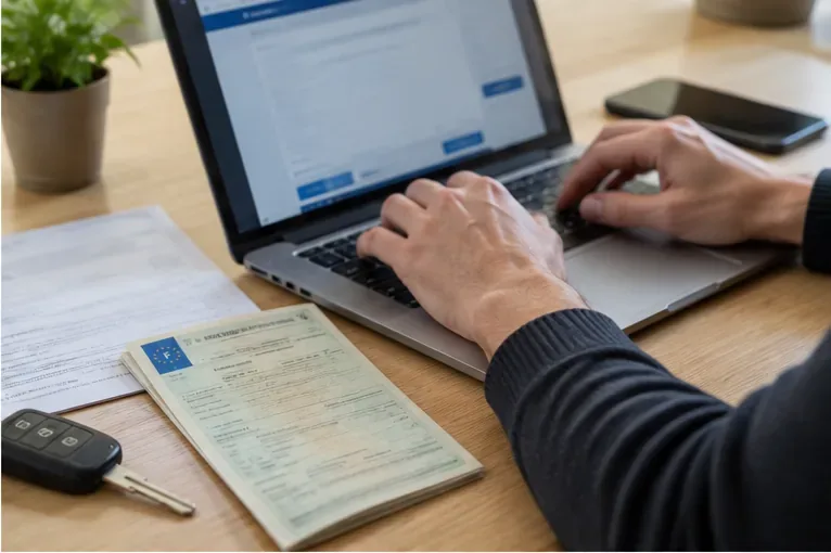 Des mains remplissent un formulaire administratif en ligne sur un ordinateur portable, à côté de documents et de clés de voiture