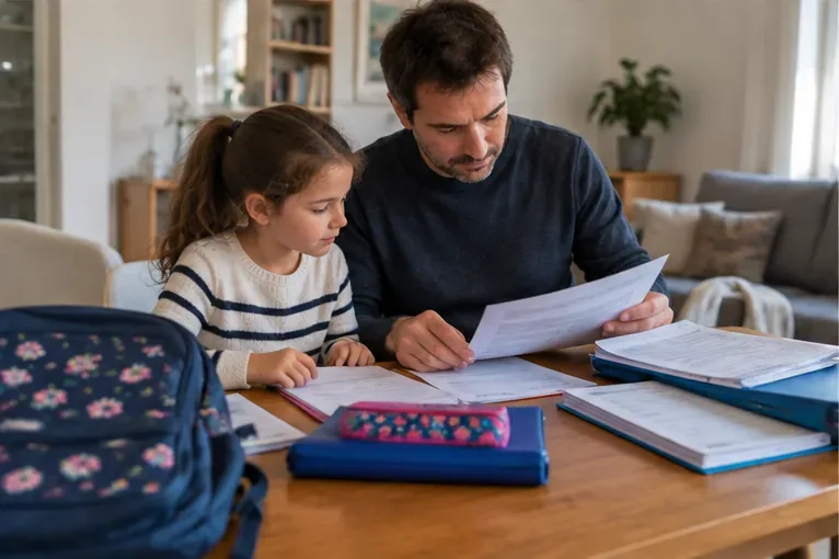 Un parent et une enfant examinent ensemble des documents scolaires et administratifs sur une table