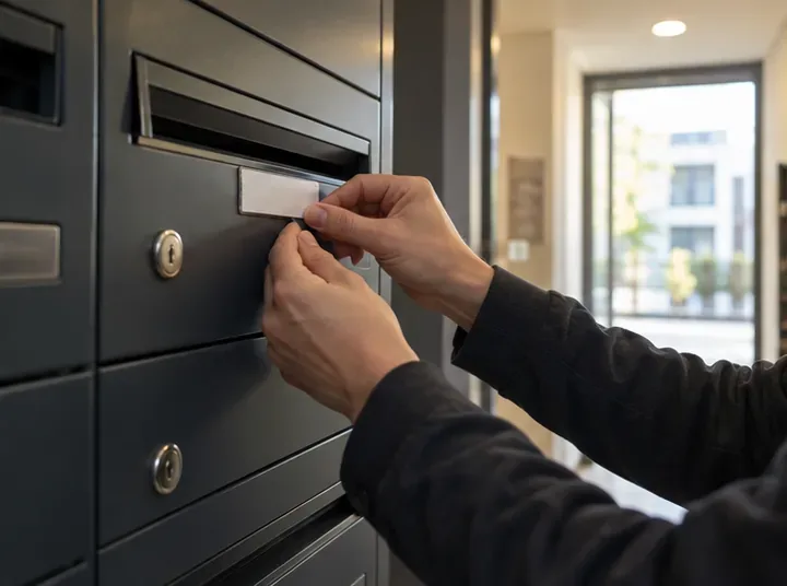Une personne fixe une étiquette vierge sur une boîte aux lettres dans un immeuble.