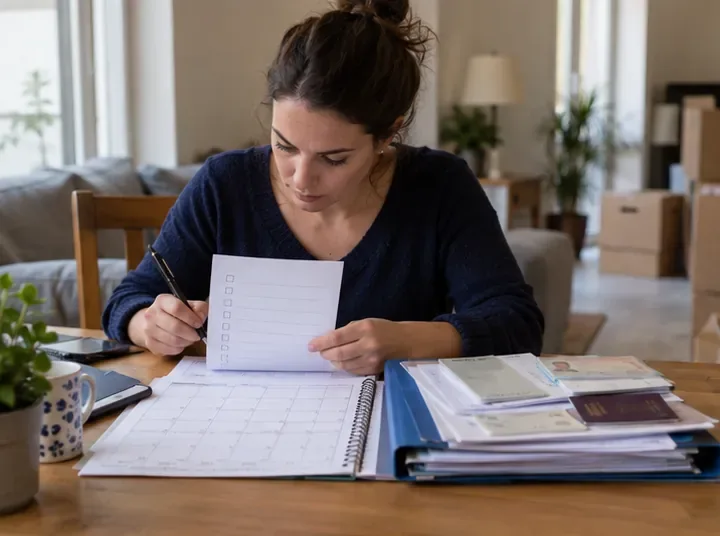 Une personne consulte un calendrier et prépare une liste manuscrite à côté d’un dossier de déménagement.