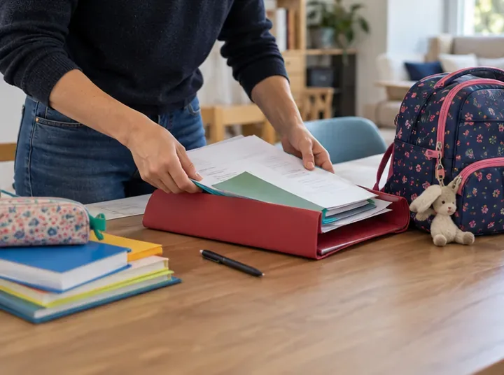 Un parent prépare un dossier de papiers à côté du sac à dos d’un enfant.