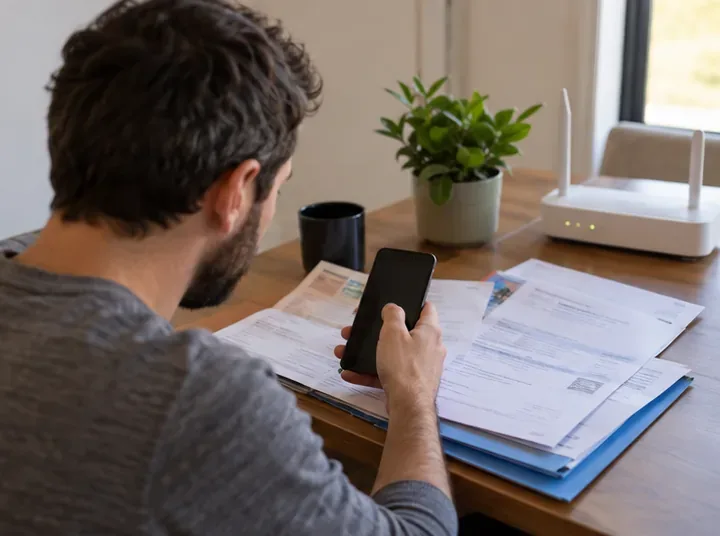 Une personne consulte des documents administratifs et utilise son téléphone à une table.